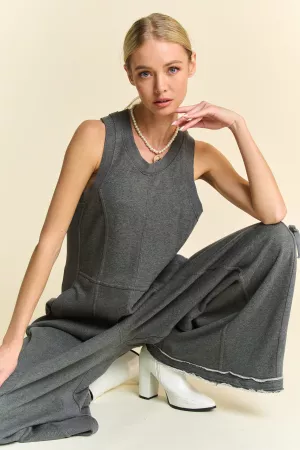 wholesale clothing ribbed contrast ruched side seam french jumpsuit davi & dani