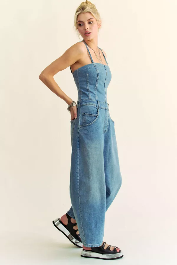 wholesale clothing cami straps side pockets washed denim jumpsuit davi & dani