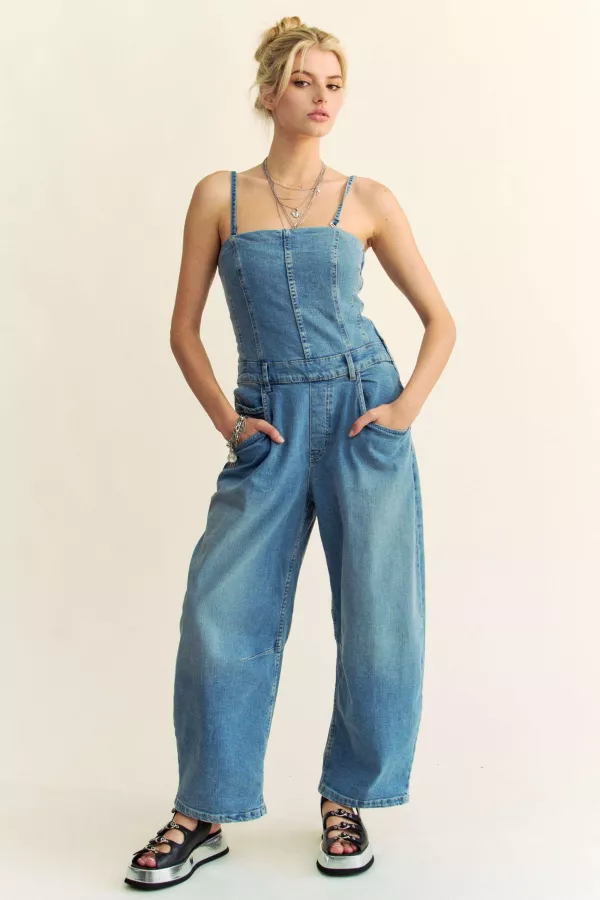 wholesale clothing cami straps side pockets washed denim jumpsuit davi & dani