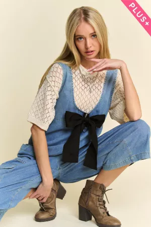 wholesale clothing plus washed soft denim bow tie zipper jumpsuit davi & dani