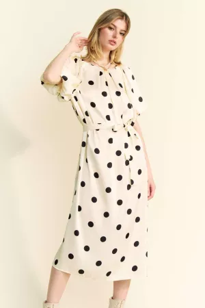 wholesale clothing polka dot puff sleeves waist tie midi dress davi & dani