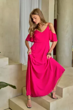 wholesale clothing solid cold-shoulder ruffled sleeve maxi dress davi & dani