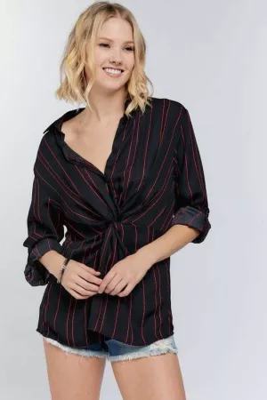 wholesale clothing stripe ruched knot button down long sleeve shirt davi & dani