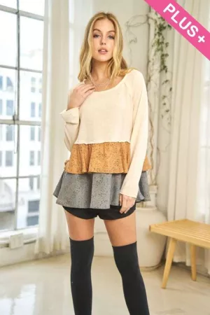 wholesale clothing plus round neck color block ruffle long sleeve top davi & dani