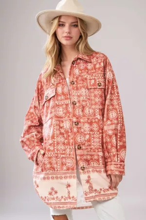 wholesale clothing ethnic printed body button front shacket jacket davi & dani