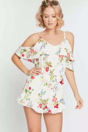 wholesale clothing floral garden ruffle cold shoulder sleeve romper davi & dani