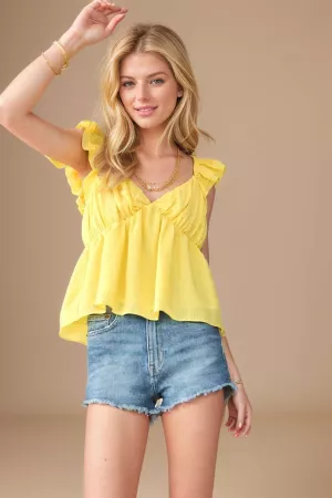 wholesale clothing textured fabric ruffle sleeve shirred babydoll top davi & dani