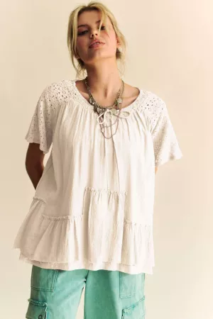 wholesale clothing round neck ruffled short sleeve flare top blouse davi & dani