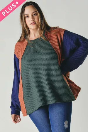 wholesale clothing plus color block solid neck long sleeve loose top davi & dani