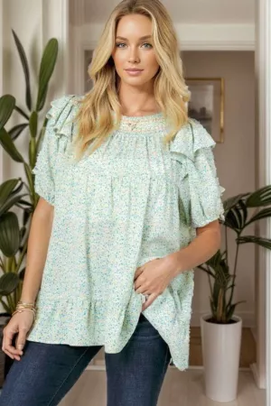 wholesale clothing floral printed round neck ruffle top davi & dani