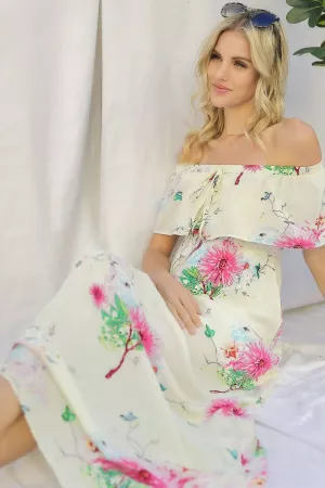 wholesale clothing floral ruffle overlay off-shoulder maxi dress davi & dani