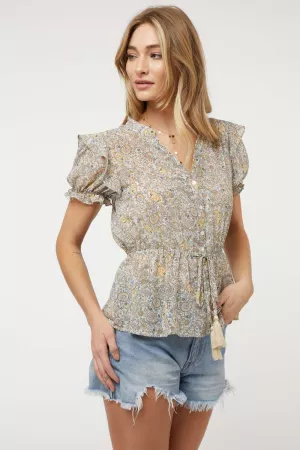 wholesale clothing print button down v neck ruffle sleeve ruffle top davi & dani