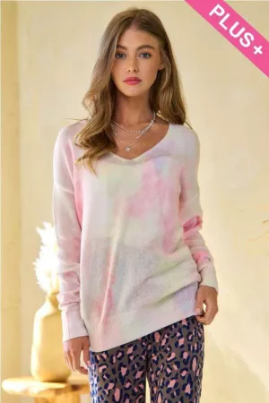 wholesale clothing plus tie dye accent v-neck pullover sweater top davi & dani