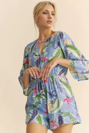 wholesale clothing botanical floral print back bell sleeve romper davi & dani