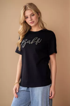 wholesale clothing glitter lettering printed round neck short top davi & dani