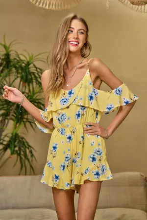 wholesale clothing romantic floral print ruffle cold-shoulder romper davi & dani