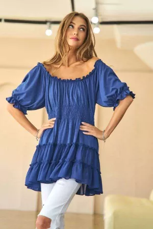 wholesale clothing solid smocked short sleeve ruffle top davi & dani