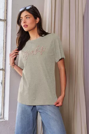 wholesale clothing glitter lettering printed round neck short top davi & dani