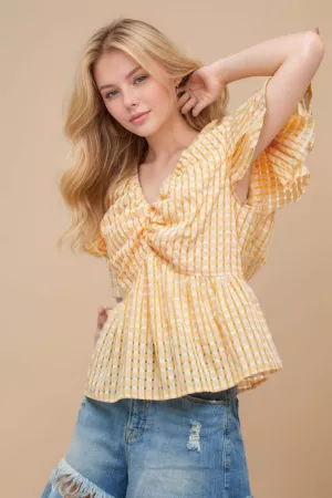 wholesale clothing shirring v-neck ruffle gingham plaid printed top davi & dani