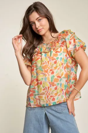 wholesale clothing floral printed short sleeve round neck ruffle top davi & dani