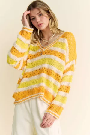 wholesale clothing multi texture striped open knit v neck sweater davi & dani