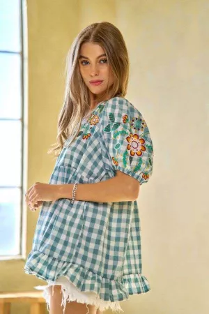 wholesale clothing plaid ruffle square neck short bell sleeve top davi & dani