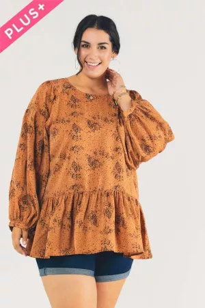 wholesale clothing plus  printed round neck long sleeve ruffle top davi & dani