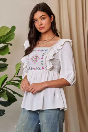 wholesale clothing texture tie back floral embroidery frill blouse davi & dani