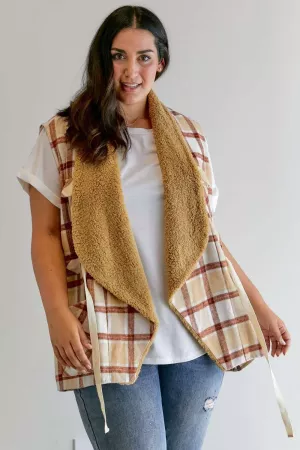 wholesale clothing plus plaid faux fur sherpa open front vest jacket davi & dani