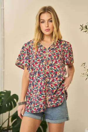 wholesale clothing floral printed v neck short sleeve top davi & dani