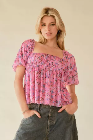 wholesale clothing floral printed puff double layered mesh top blouse davi & dani