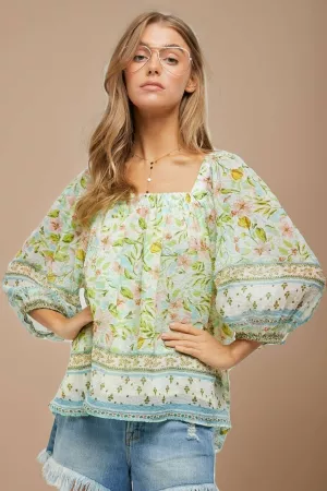 wholesale clothing boho floral border square neck blouson blouse top davi & dani