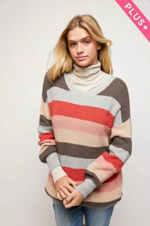 wholesale clothing plus multi stripe round neck long sleeve sweater davi & dani