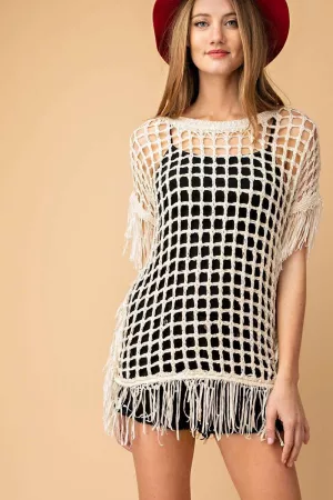 wholesale clothing fringe detailed windowpane open knit layering top davi & dani