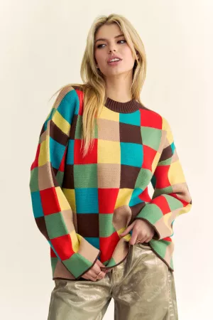 wholesale clothing multi color blocked checker pullover sweater top davi & dani