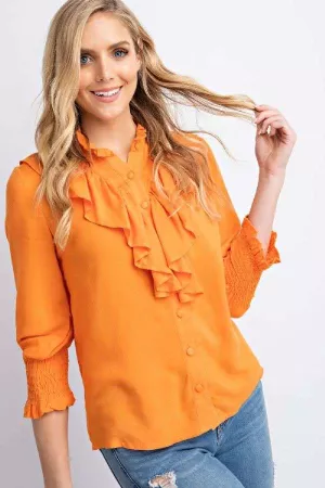 wholesale clothing solid ruffle puff sleeve button down shirt blouse davi & dani