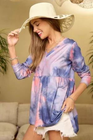 wholesale clothing tie dye ruffled pullover v neck long sleeve top davi & dani