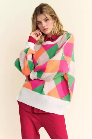 wholesale clothing multi color diamond long sleeve loose fit sweater davi & dani