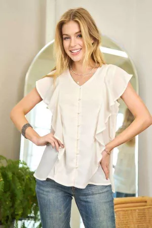 wholesale clothing ruffled short sleeve button down blouse top davi & dani