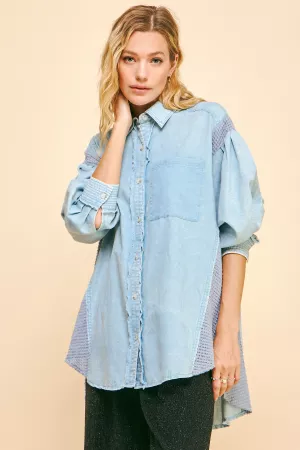 wholesale clothing waffle button down long sleeve denim shirt davi & dani