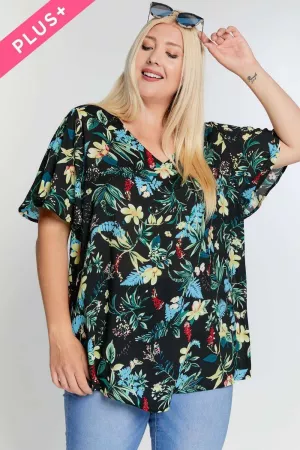 wholesale clothing plus size flared short sleeve v-neck floral top davi & dani