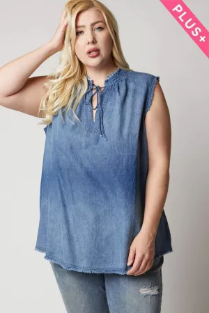 wholesale clothing plus denim sleeveless top with fringe davi & dani