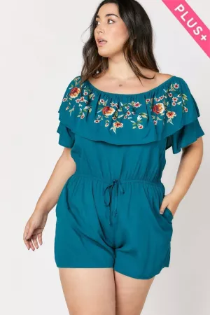 wholesale clothing plus floral embroidered off shoulder romper davi & dani