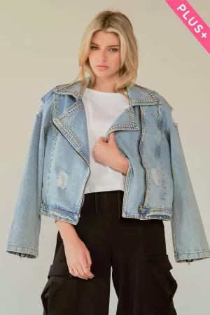 wholesale clothing plus rhinestone zip up denim lapel collar jacket davi & dani