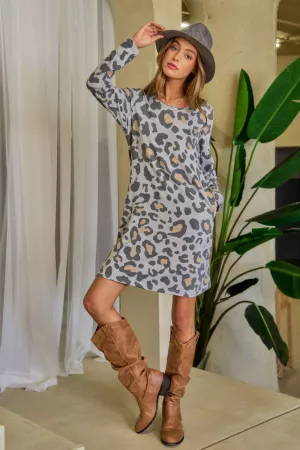 wholesale clothing leopard long sleeve button back crewneck dress davi & dani