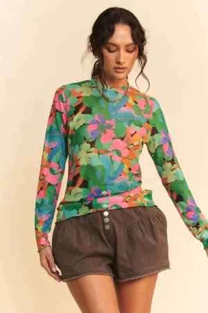 wholesale clothing flower printed mesh round neck long sleeve top davi & dani