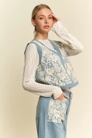 wholesale clothing casual textures lace sleeveless denim top vest davi & dani