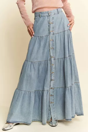 wholesale clothing denim button front ruffle hem denim maxi skirt davi & dani