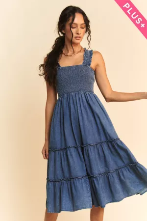 wholesale clothing plus washed denim smocking straps midi dress davi & dani