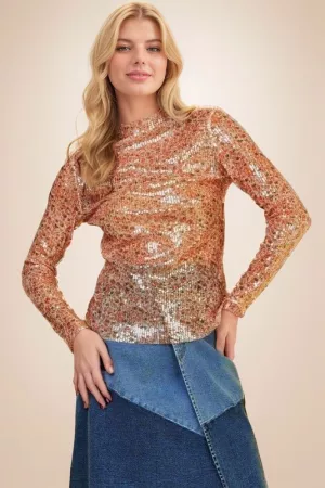 wholesale clothing loose turtle neck long sleeves sequins mesh top davi & dani